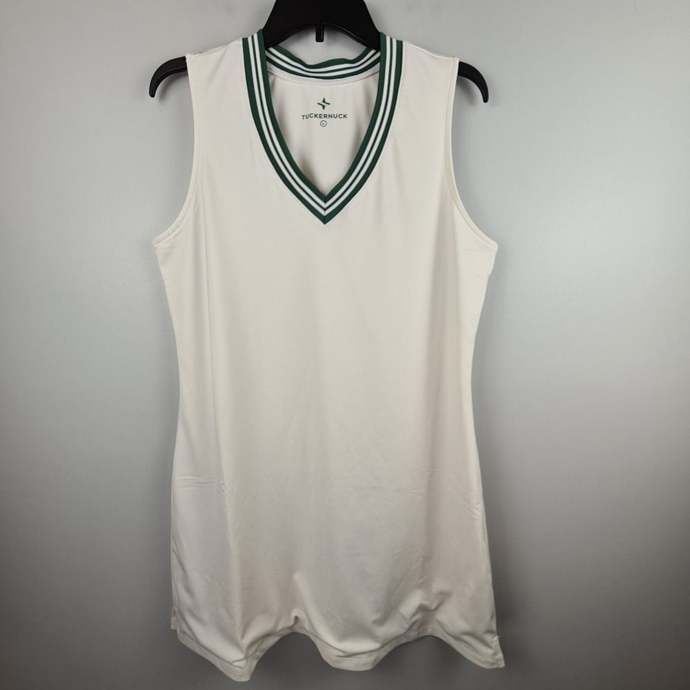 Tuckernuck Womens Large White Green Trim V-Neck Sleeveless Tennis Golf Dress
